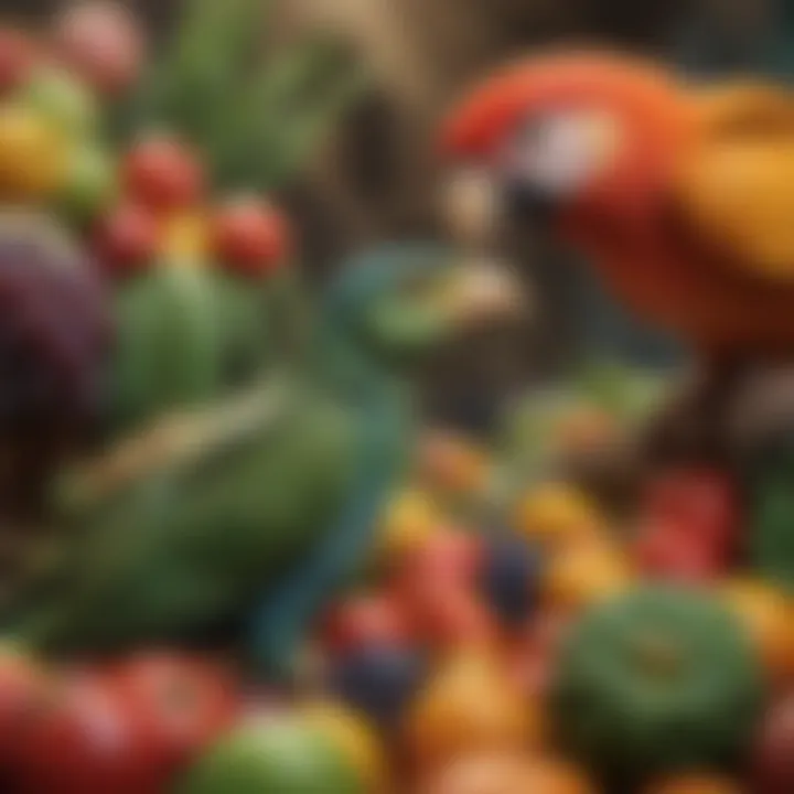 A colorful array of fruits and vegetables suitable for both birds and reptiles, emphasizing nutrition.