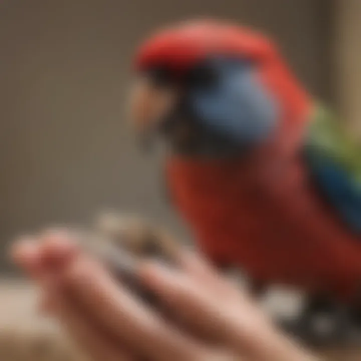 Veterinarian inspecting a rosella's feathers