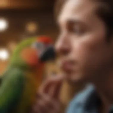 A close-up of a parrot interacting with a pet owner, showcasing their bond.