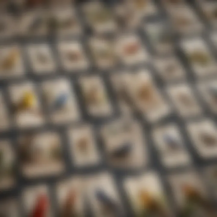 An array of unique name tags for different bird species displayed creatively
