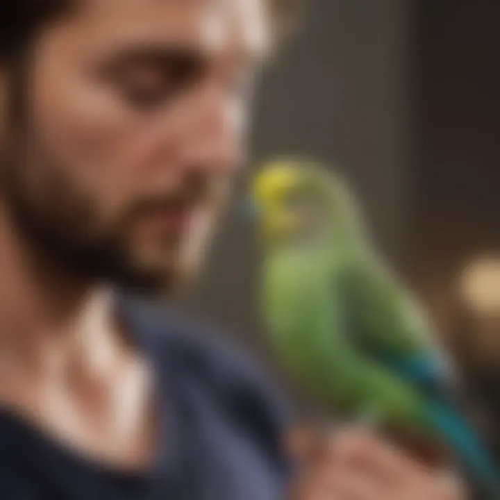 A playful budgerigar engaging with its owner