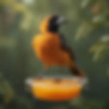 Oriole perched near a feeder filled with jelly