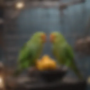 Various accessories such as perches and toys arranged inside a parakeet cage.