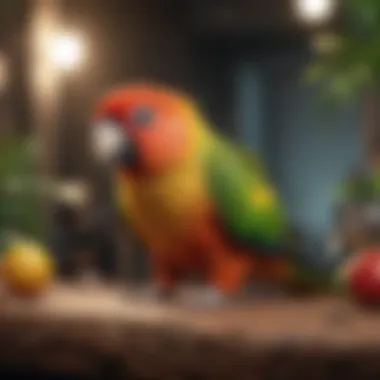 A conure demonstrating playful behavior with toys.