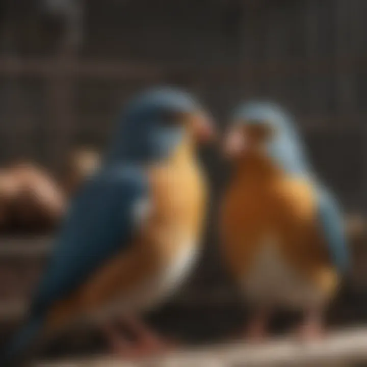 Close-up view of a breeding pair of birds in a cage