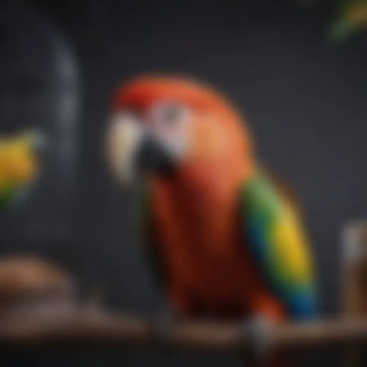 A colorful parrot perched on a branch, looking curiously towards its cage.