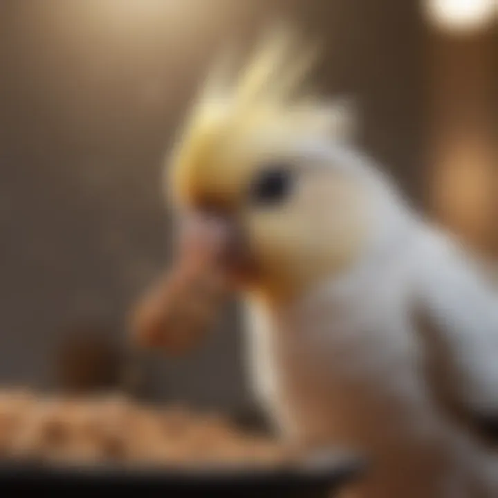 A close-up of a birdseed treat being offered to a cockatiel, illustrating positive reinforcement.