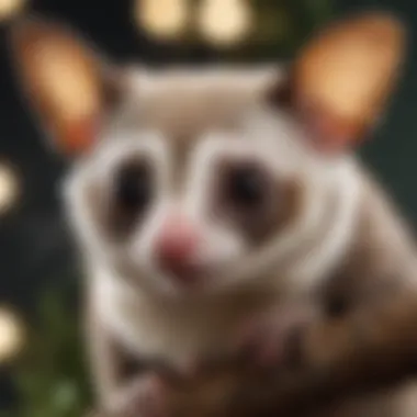 A close-up of a sugar glider perched on a branch showcasing its large eyes and distinctive fur patterns