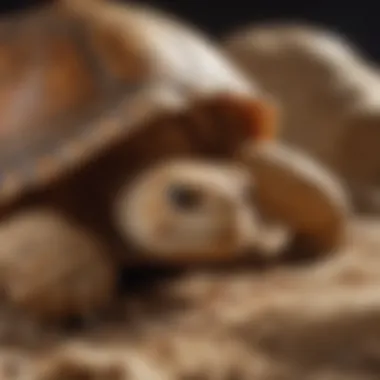 Close-up of a sulcata tortoise on natural bedding