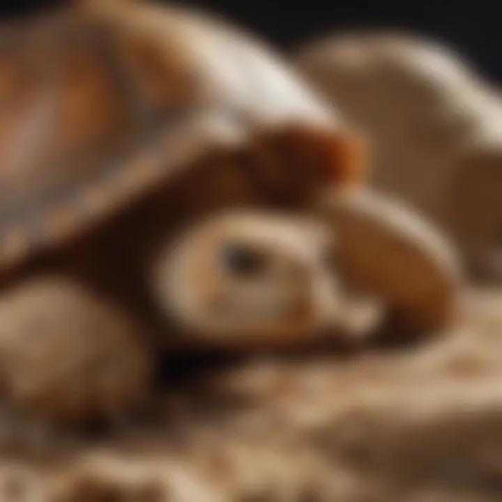 Close-up of a sulcata tortoise on natural bedding