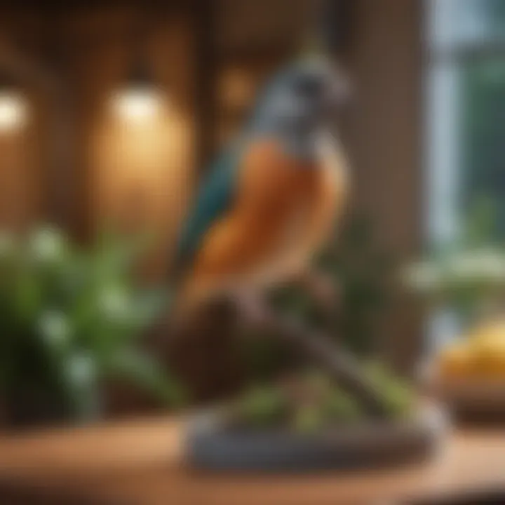 A pet bird perched happily on a tabletop perch in a vibrant indoor environment.