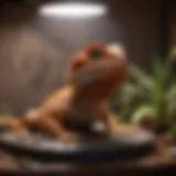 Vibrant bearded dragon basking under a heat lamp in a well-designed habitat.