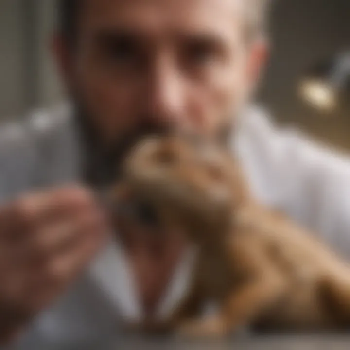 A veterinarian examining a bearded dragon, emphasizing health care.