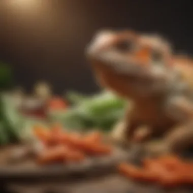 Close-up of fresh vegetables and insects for bearded dragon nutrition.