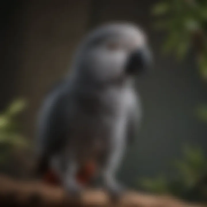 An African Grey perched on a branch, demonstrating its advanced vocal skills