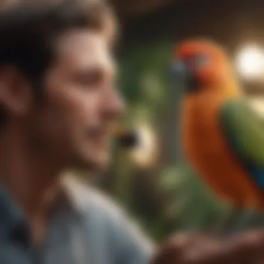 A serene setting with a talking bird interacting with its owner