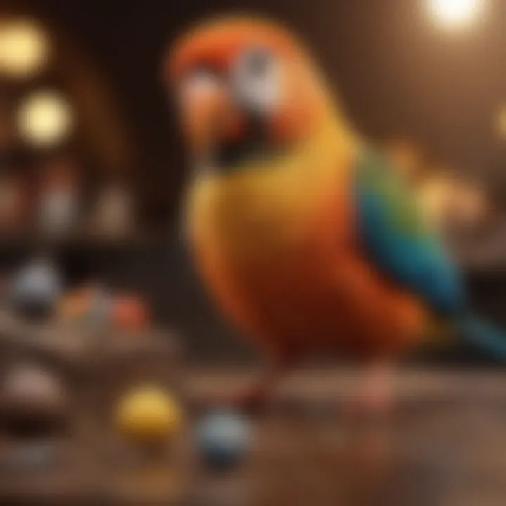 A close-up of a talking bird engaging with toys that stimulate its intelligence