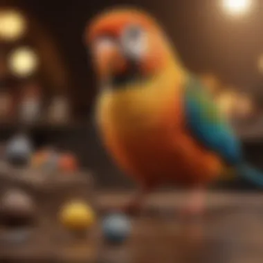 Enriching Toys for Talking Birds A close-up of a talking bird engaging with toys that stimulate its intelligence