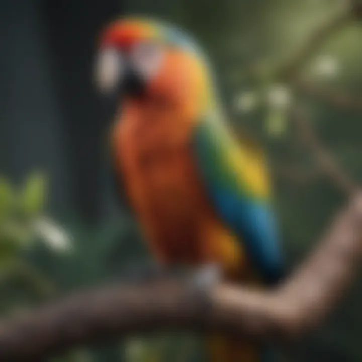 A colorful parrot perched on a branch, showing curiosity.