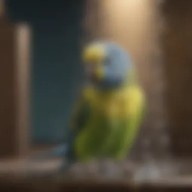 Budgie in Water Fountain A serene setting with a budgie happily splashing in a water fountain.
