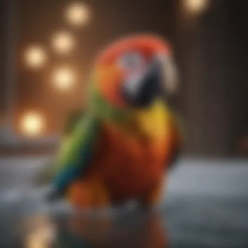 A vibrant parrot enjoying a refreshing bath in a shallow dish.