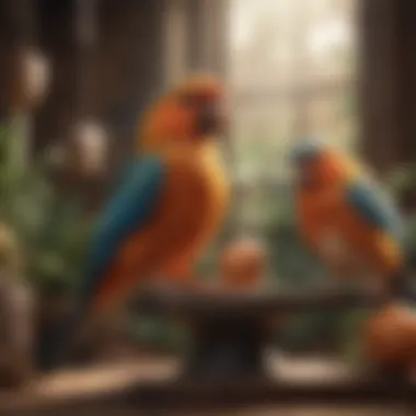 Creating a Stimulating Habitat: Enhancing Vocal Development An enriched environment featuring toys and perches for pet birds