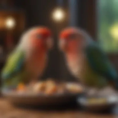 Nourishing Your Lovebirds: Dietary Essentials Healthy lovebirds enjoying a nutritious meal