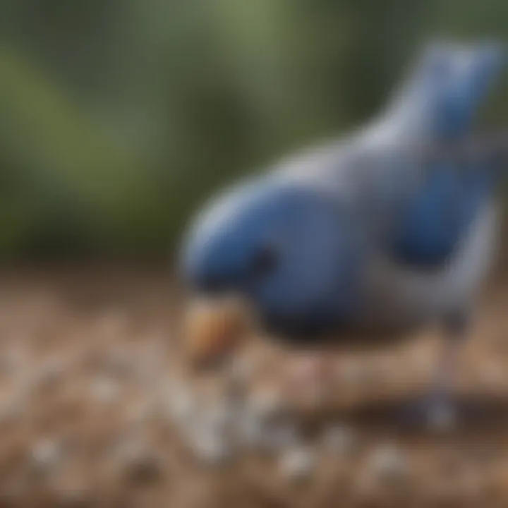 A close-up of a blue and white finch feeding on seeds