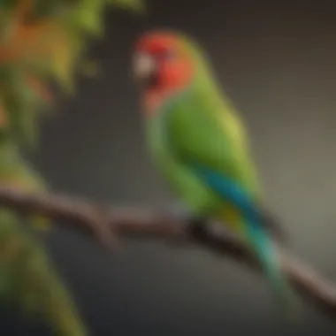 A vibrant parakeet perched on a branch, showcasing its colorful feathers