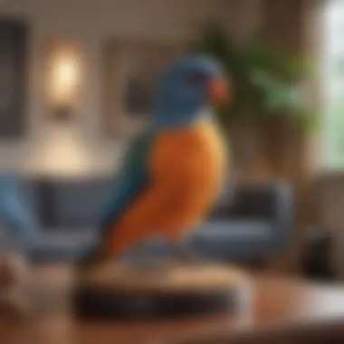 An array of popular pet birds in a cozy living room setting