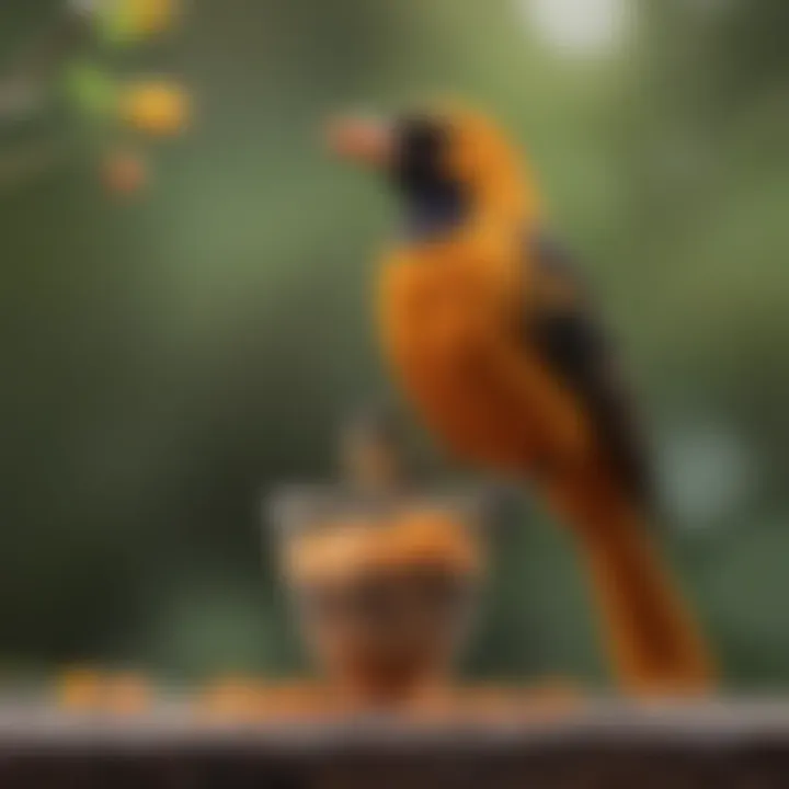 An oriole enjoying a meal at a beautifully crafted feeder