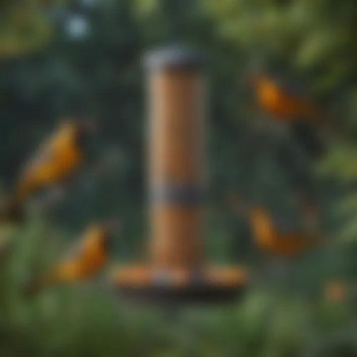 A variety of oriole feeders displayed in a garden setting