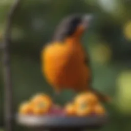 A vibrant oriole perched on a feeder filled with fruit