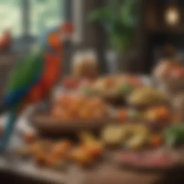 A selection of parrot-friendly foods arranged artistically on a table.