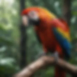 A vibrant Macaw perched on a branch in a lush environment