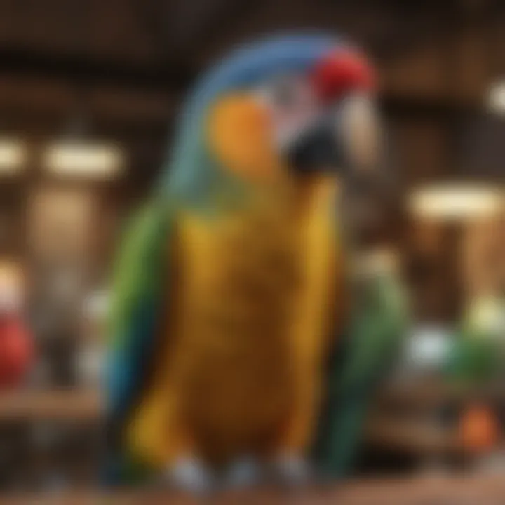 A colorful collection of various parrot species in a pet shop