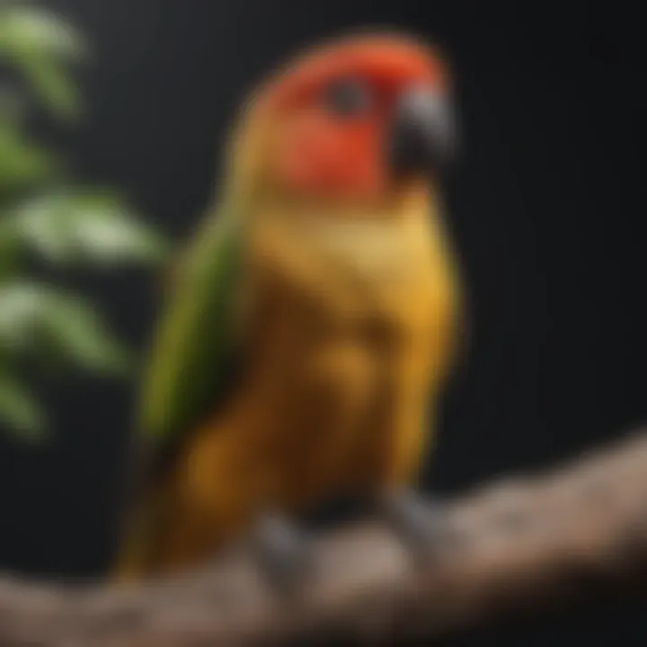 A conure perched comfortably on a textured branch