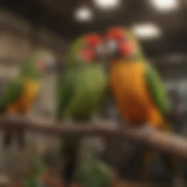 Different sized perches arranged in a conure's living space