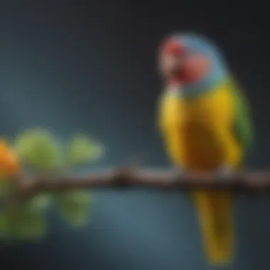 A colorful parakeet perched on a branch, showcasing its vibrant feathers.