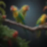 A vibrant parakeet perched on a branch