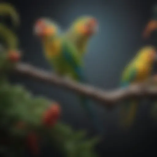 A vibrant parakeet perched on a branch