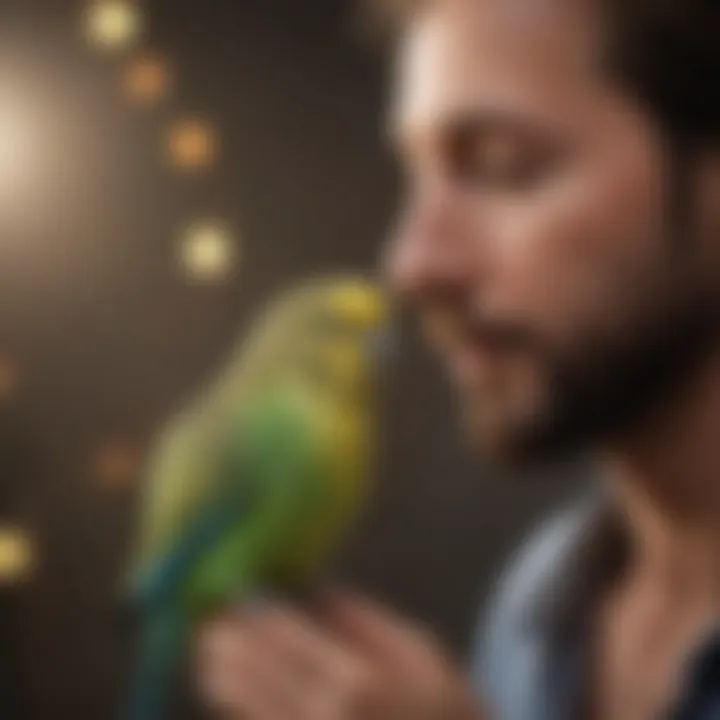 A serene setting with a budgie interacting with its owner