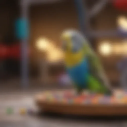 A vibrant budgie perched on a colorful play gym