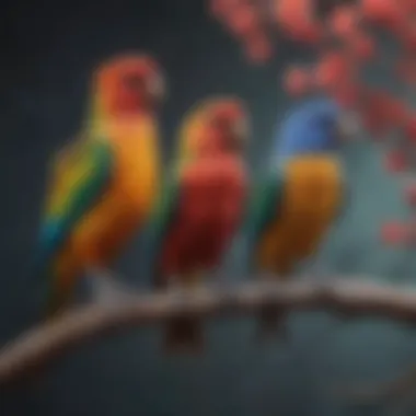 Colorful pet birds perched on a branch showcasing their vibrant plumage