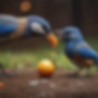 A blue bird engaging in playful behavior with a toy