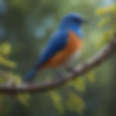 A vibrant blue bird perched on a colorful branch