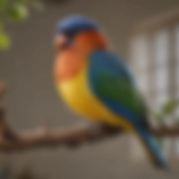 A colorful collection of pet birds perched on a branch in a UAE home setting