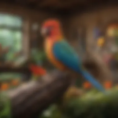 Multiple species of pet birds in a lush indoor setting