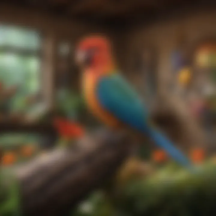 Multiple species of pet birds in a lush indoor setting