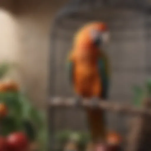 A vibrant parrot perched on a branch inside a spacious cage filled with toys and natural elements.